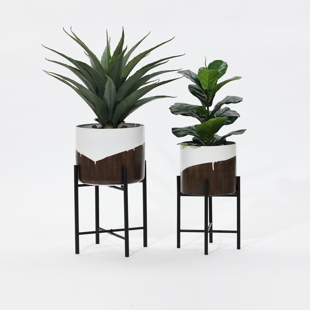 2-Piece White and Brown Metal Cachepot Planters Set with Black Stands