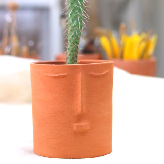 Ceramic Handmade Planter with Face Detail in Terracotta