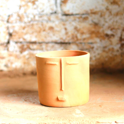 Ceramic Handmade Planter with Face Detail in Terracotta