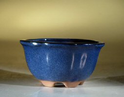 Blue Glazed Ceramic Bonsai Pot - Round, Lotus Style 5.0" x  2.75"